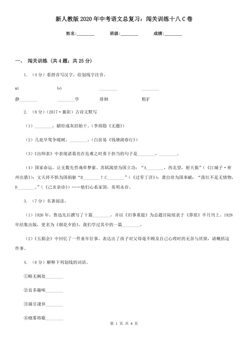 新人教版2020年中考语文总复习：闯关训练十八C卷.doc_第1页