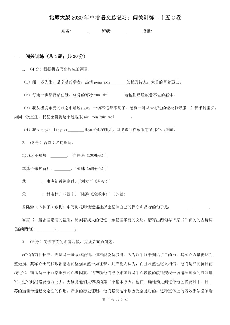 北师大版2020年中考语文总复习：闯关训练二十五C卷.doc_第1页