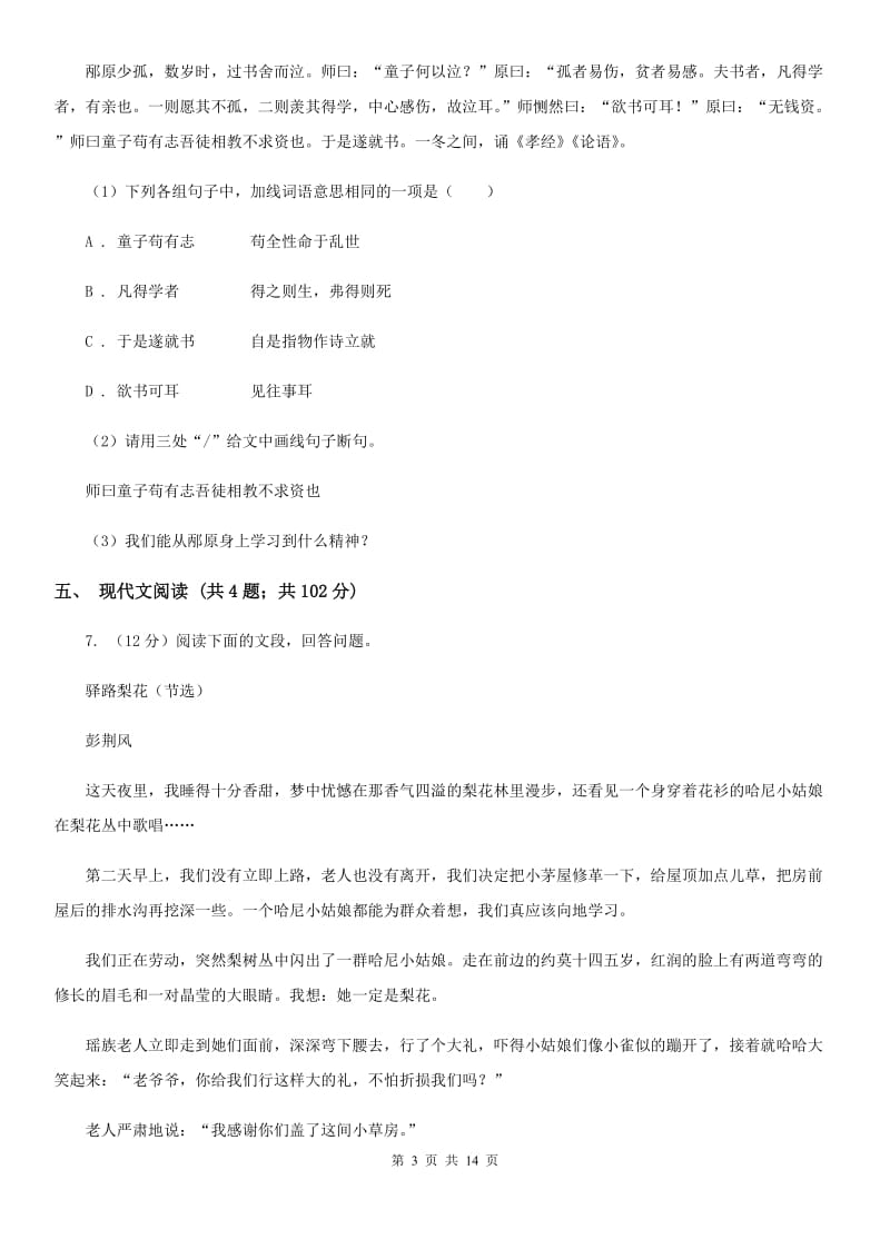 北师大版语文中考适应性考试试卷（I）卷.doc_第3页