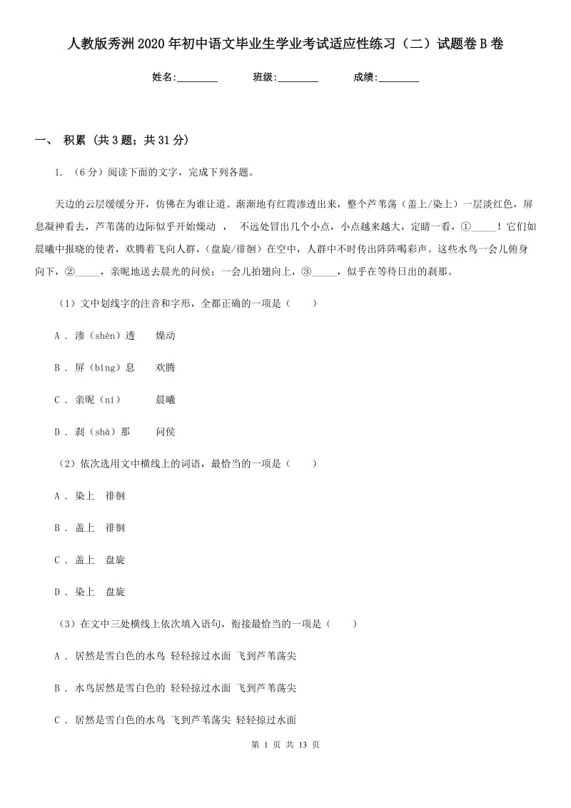 人教版秀洲2020年初中语文毕业生学业考试适应性练习（二）试题卷B卷.doc_第1页