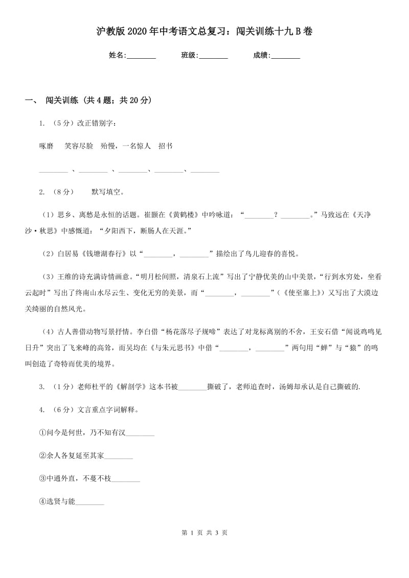 沪教版2020年中考语文总复习：闯关训练十九B卷.doc_第1页