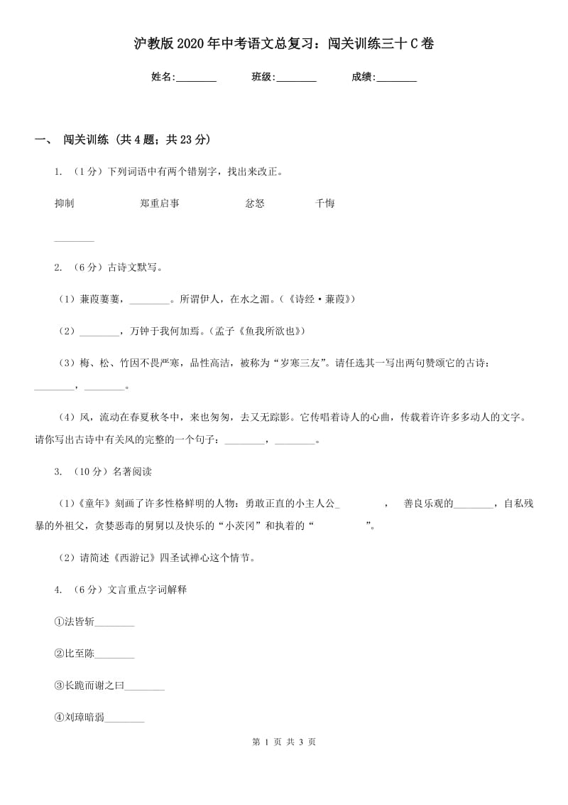 沪教版2020年中考语文总复习：闯关训练三十C卷.doc_第1页