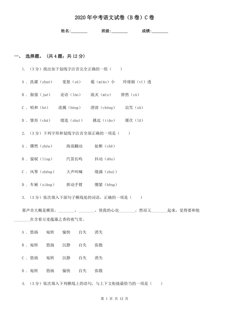 2020年中考语文试卷（B卷）C卷.doc_第1页