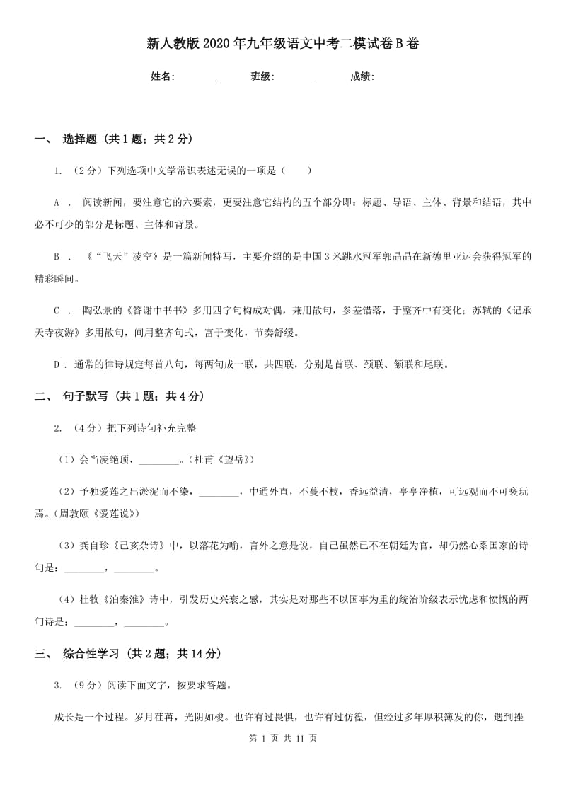 新人教版2020年九年级语文中考二模试卷B卷.doc_第1页