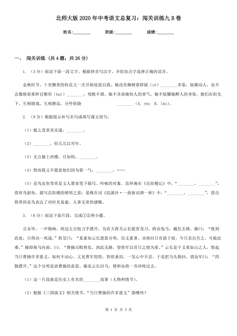 北师大版2020年中考语文总复习：闯关训练九B卷.doc_第1页