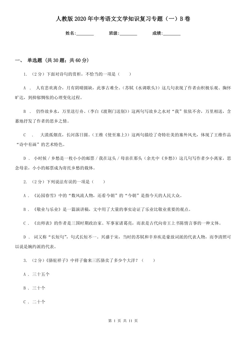 人教版2020年中考语文文学知识复习专题（一）B卷.doc_第1页