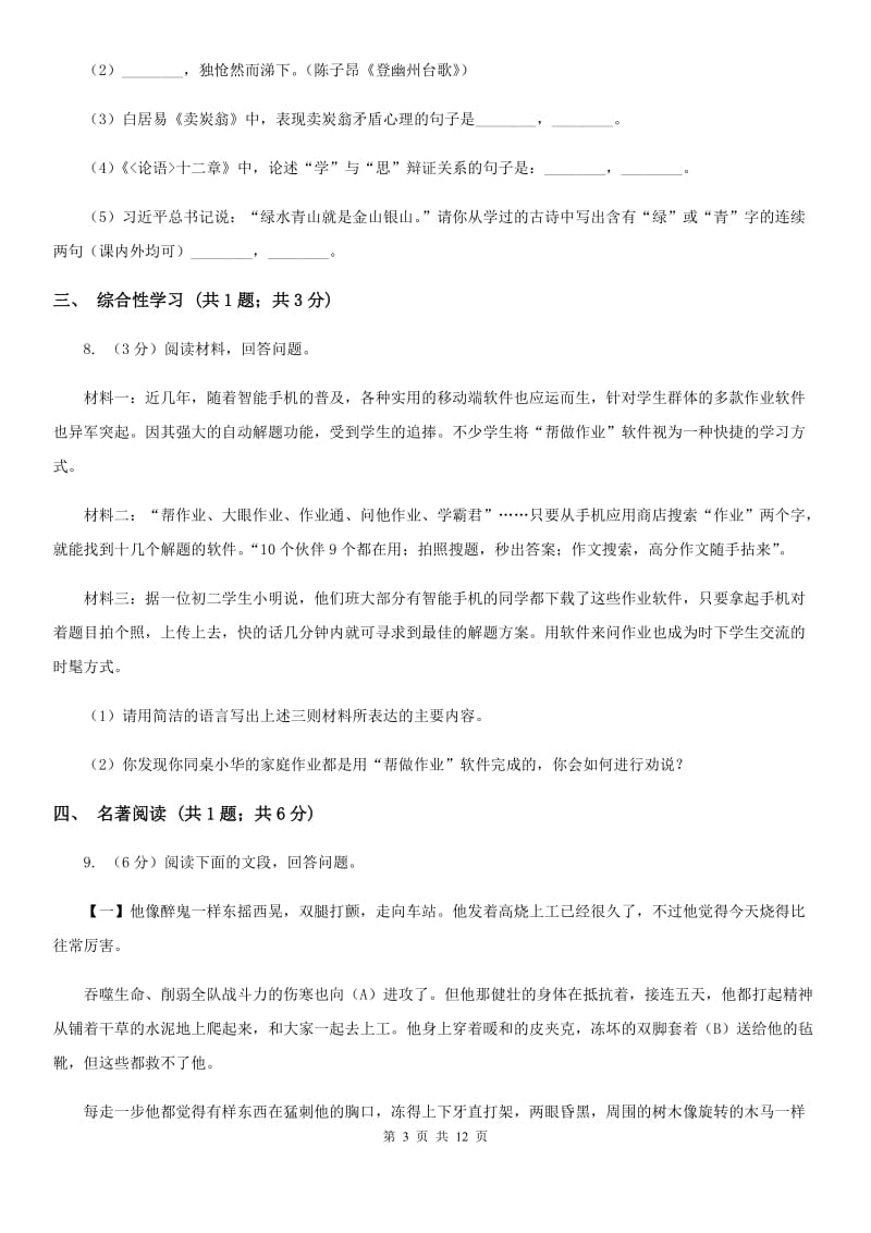 河大版2020届九年级下学期语文学业水平模拟考试试卷（一）A卷.doc_第3页