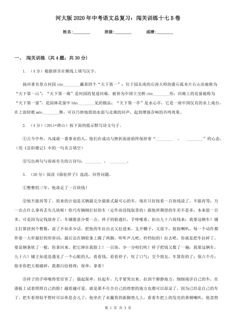 河大版2020年中考语文总复习：闯关训练十七B卷.doc_第1页