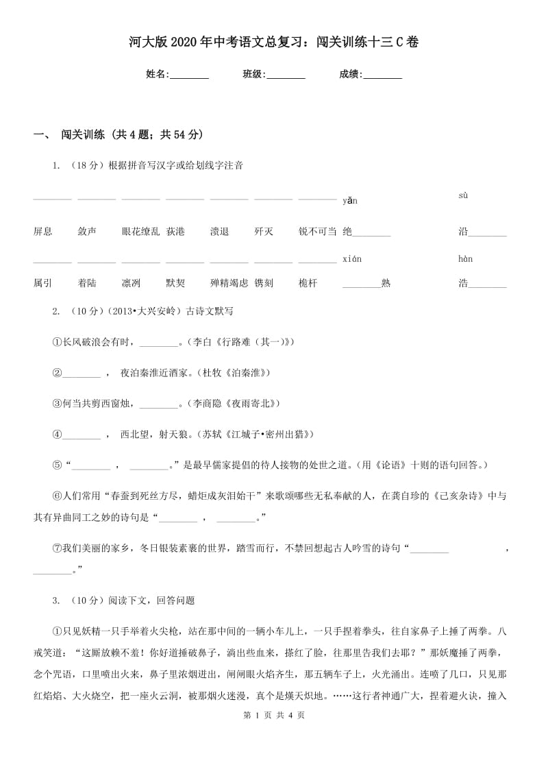 河大版2020年中考语文总复习：闯关训练十三C卷.doc_第1页