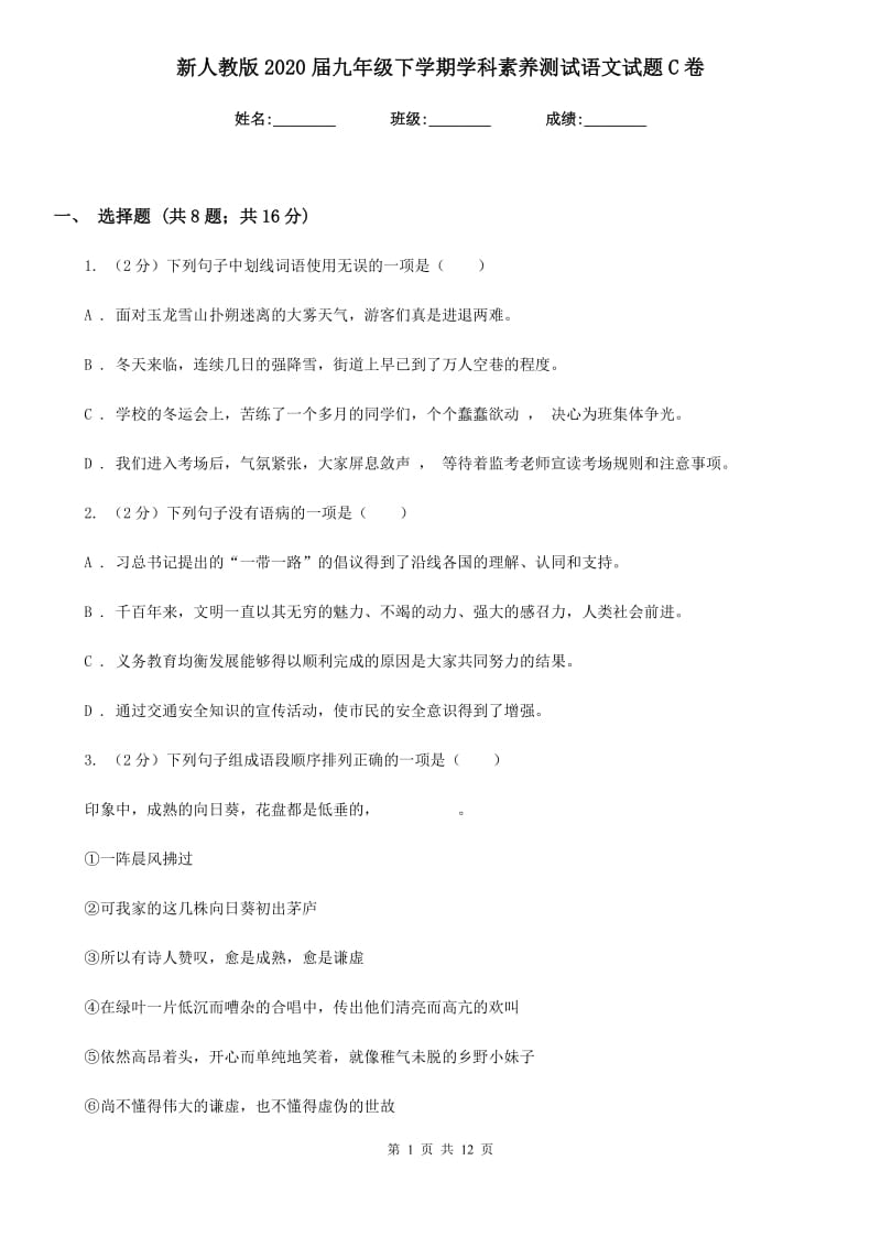 新人教版2020届九年级下学期学科素养测试语文试题C卷.doc_第1页