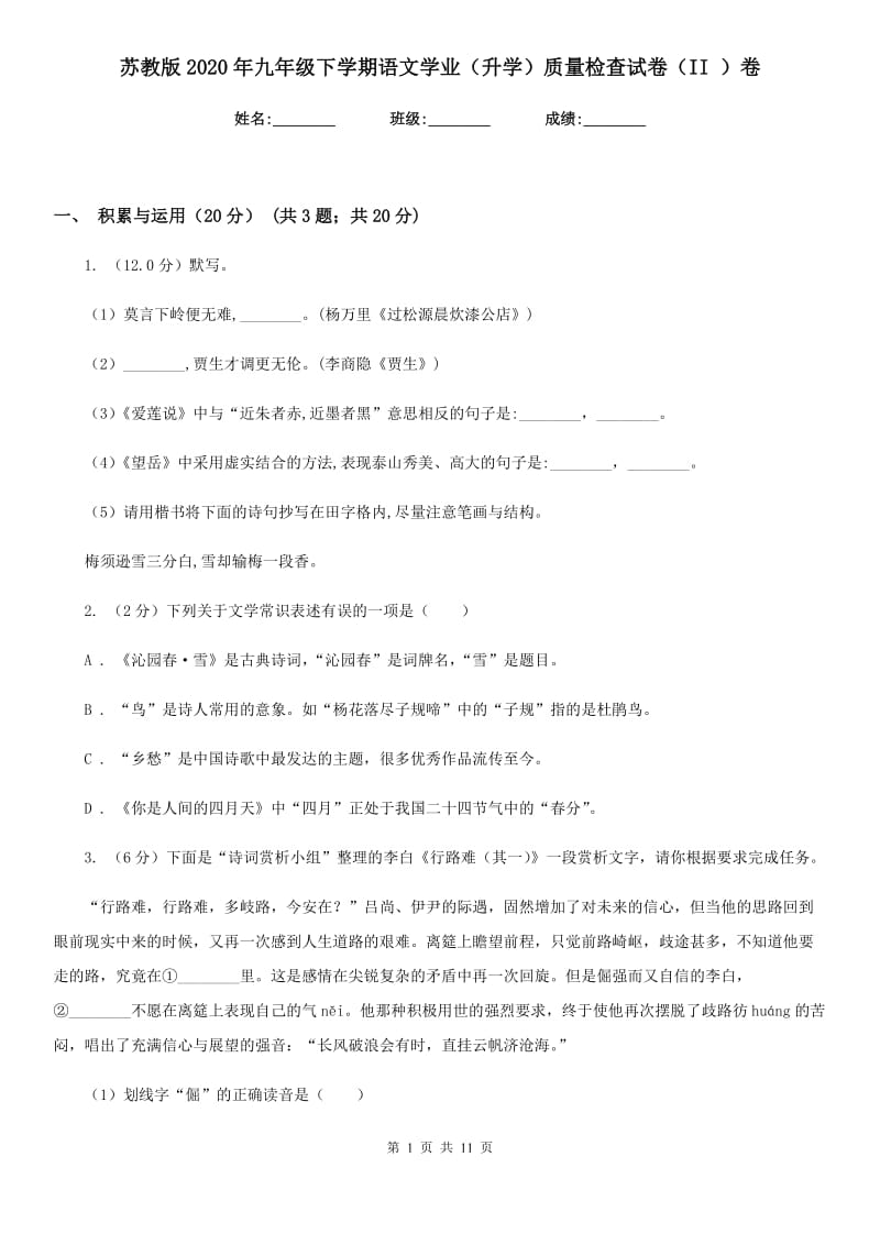 苏教版2020年九年级下学期语文学业（升学）质量检查试卷（II ）卷.doc_第1页