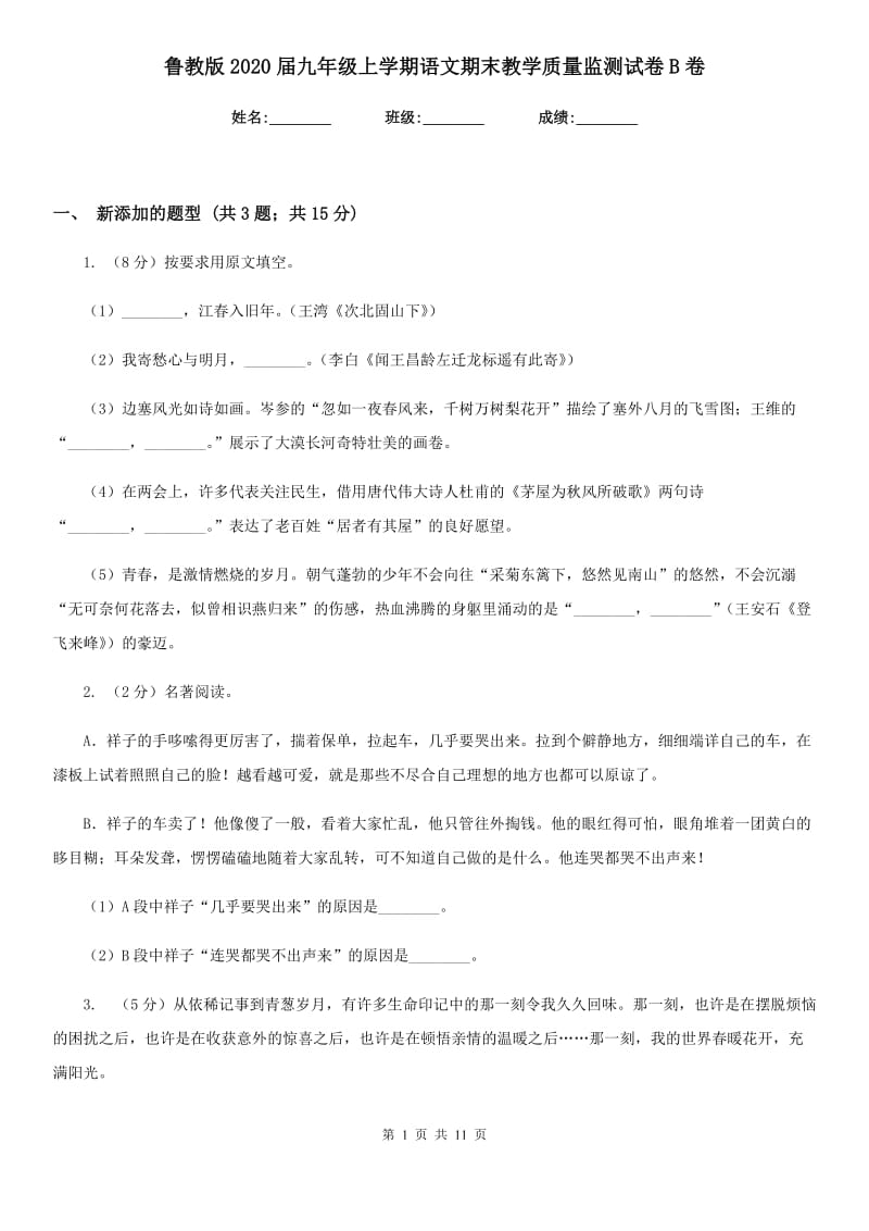 鲁教版2020届九年级上学期语文期末教学质量监测试卷B卷.doc_第1页