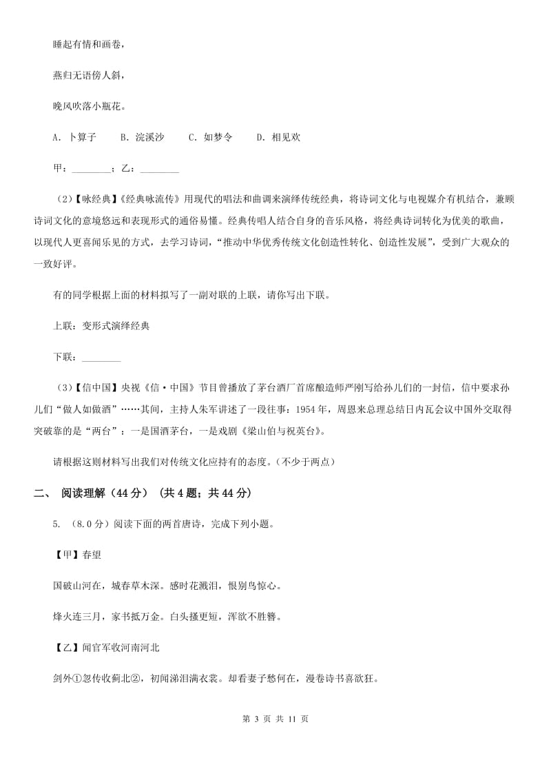 浙教版2020年中考语文网上阅卷适应性考试试卷.doc_第3页