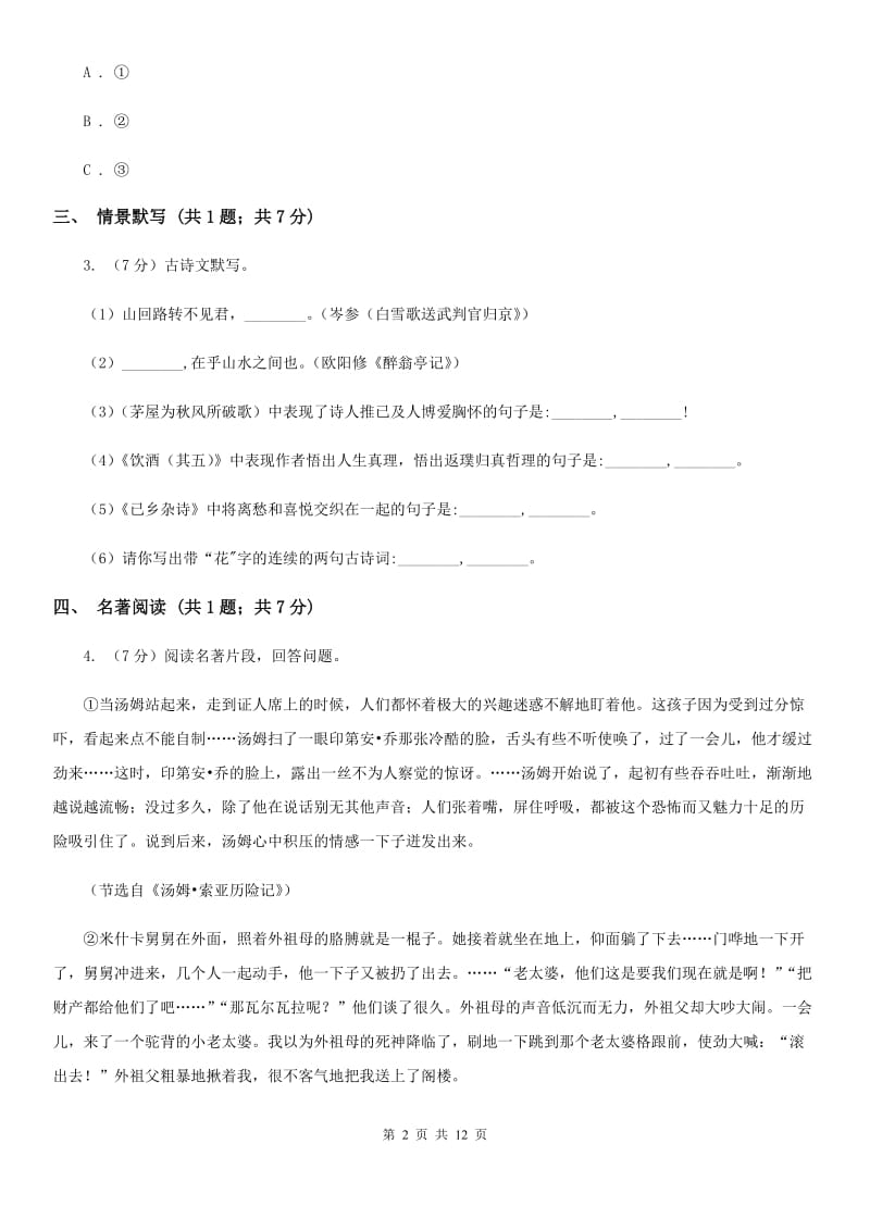 鲁教版2020届九年级语文中考复习试卷（2）（II ）卷.doc_第2页