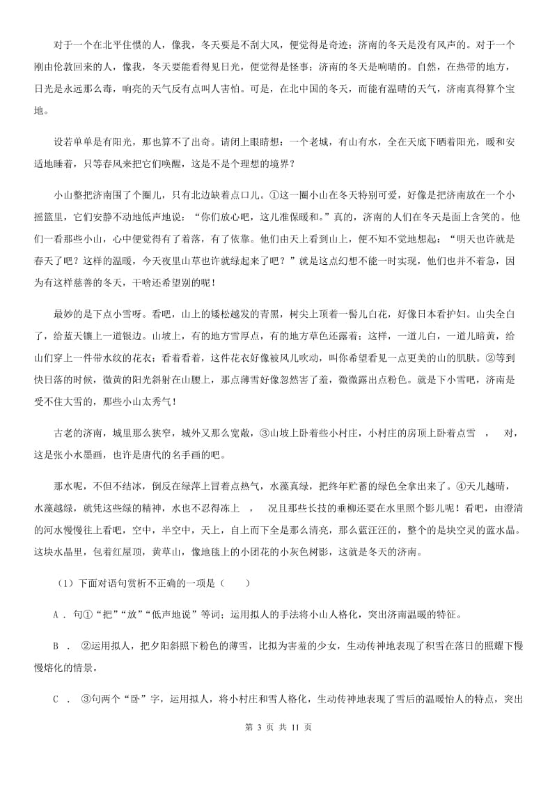 西师大版2020届九年级语文中考模拟考试试卷（I）卷.doc_第3页