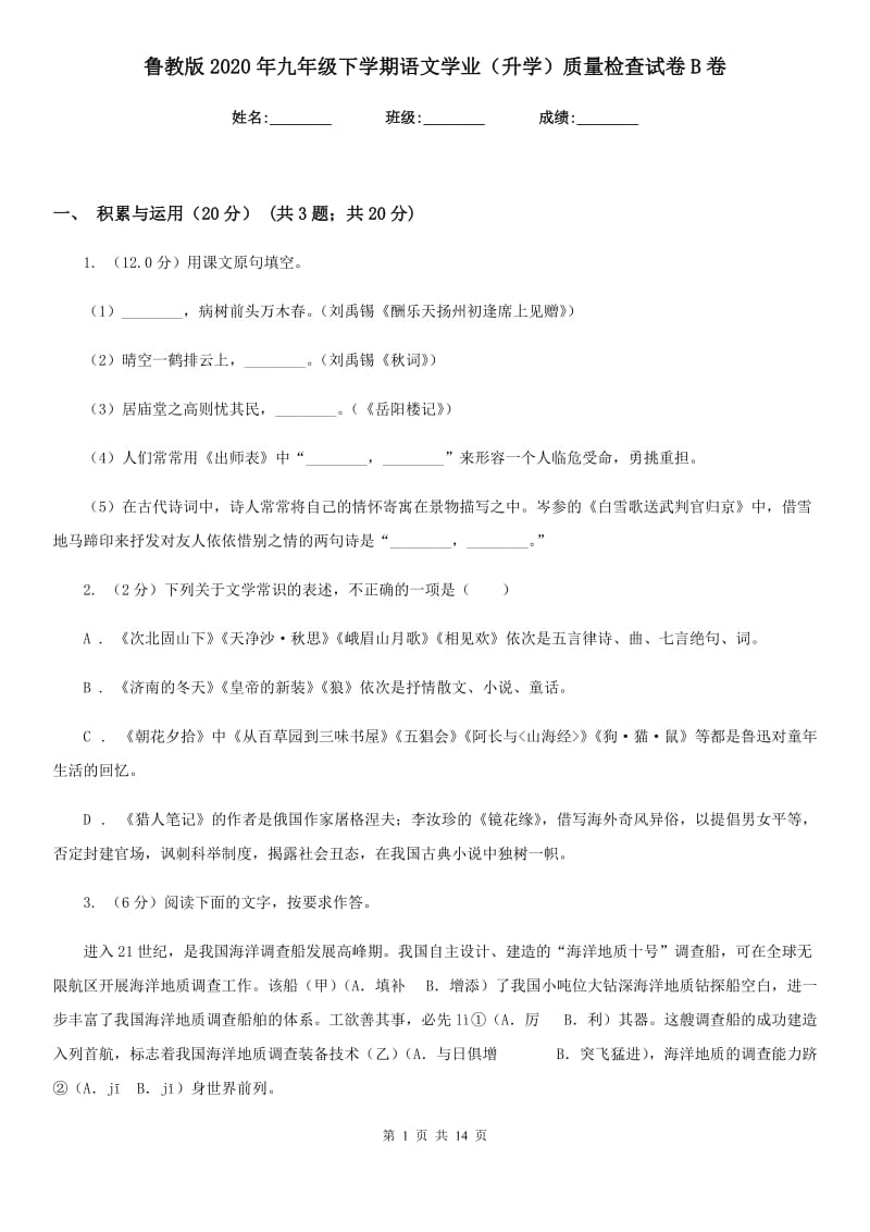 鲁教版2020年九年级下学期语文学业（升学）质量检查试卷B卷.doc_第1页