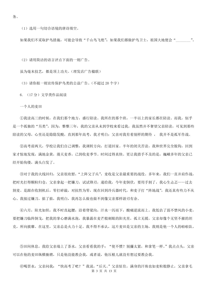 西师大版2020届九年级语文初中毕业升学文化考试二模试卷（I）卷.doc_第3页