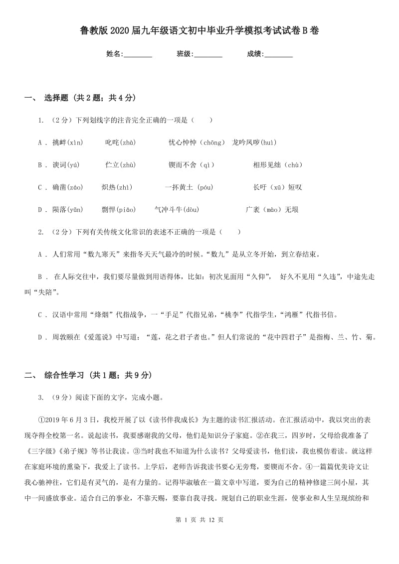 鲁教版2020届九年级语文初中毕业升学模拟考试试卷B卷.doc_第1页