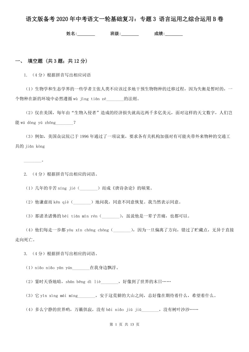 语文版备考2020年中考语文一轮基础复习：专题3 语言运用之综合运用B卷.doc_第1页