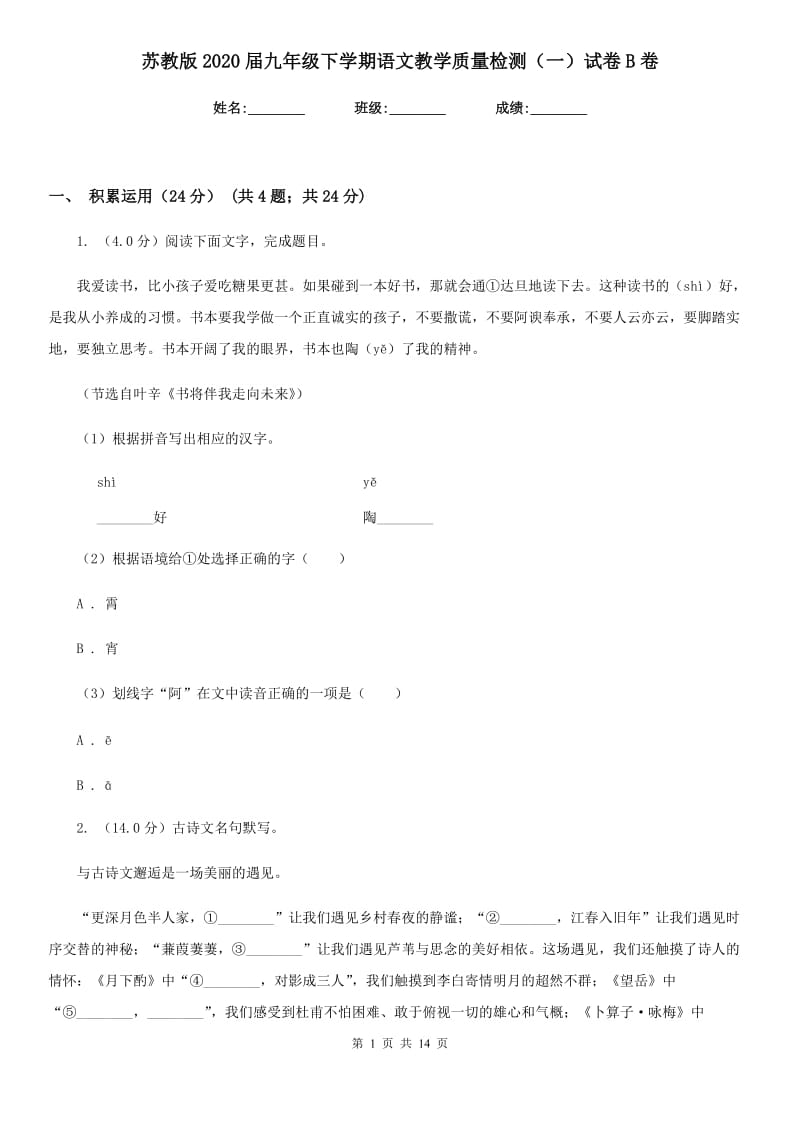 苏教版2020届九年级下学期语文教学质量检测（一）试卷B卷.doc_第1页