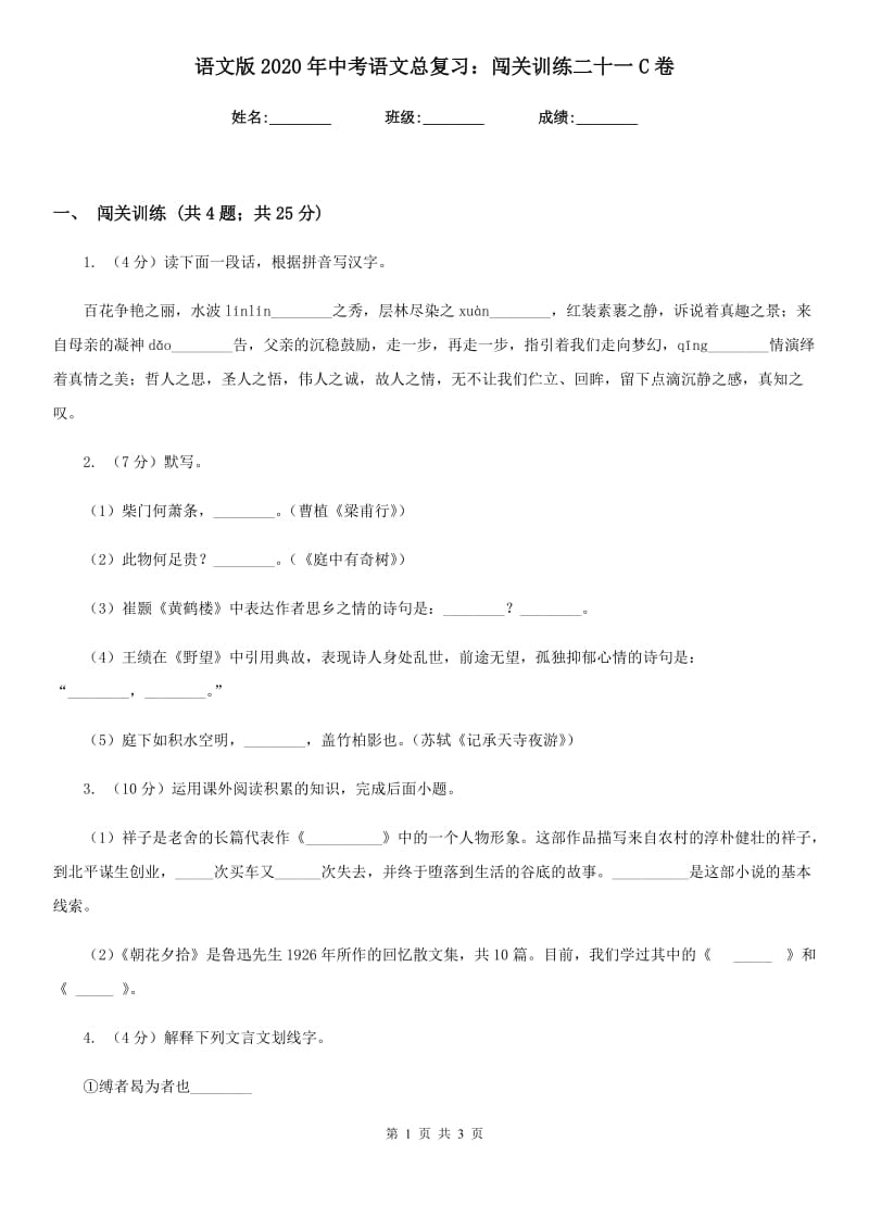 语文版2020年中考语文总复习：闯关训练二十一C卷.doc_第1页