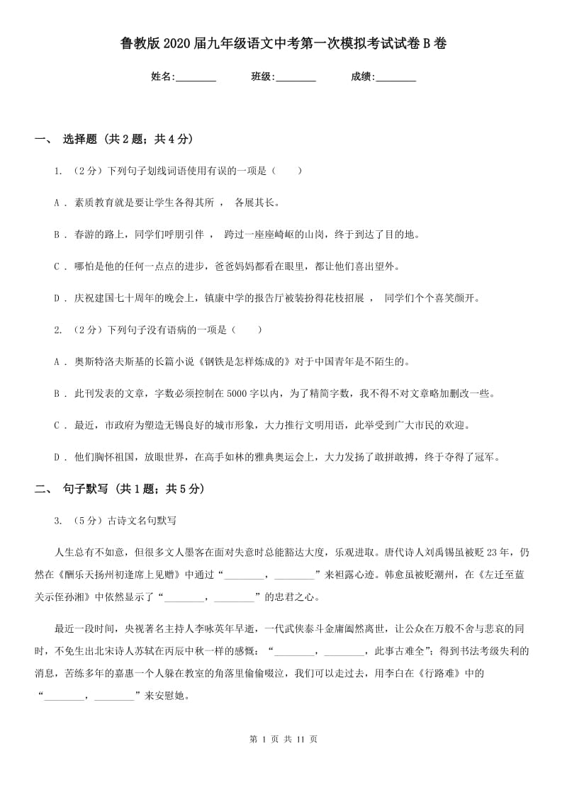 鲁教版2020届九年级语文中考第一次模拟考试试卷B卷.doc_第1页