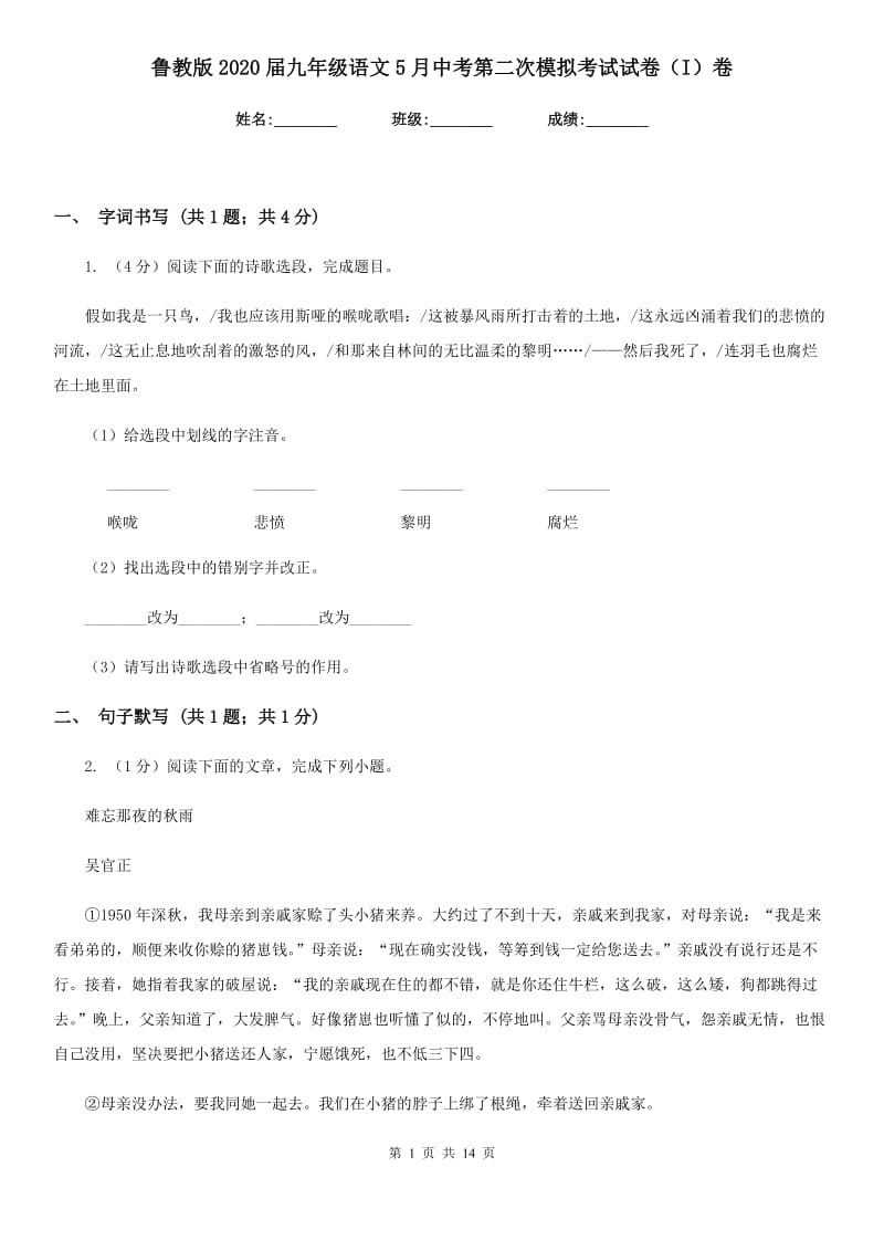 鲁教版2020届九年级语文5月中考第二次模拟考试试卷（I）卷.doc_第1页