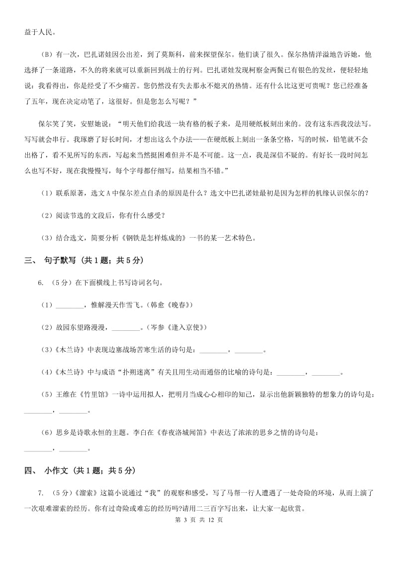 鄂教版2020届九年级语文第二次模拟大联考试卷（II ）卷.doc_第3页