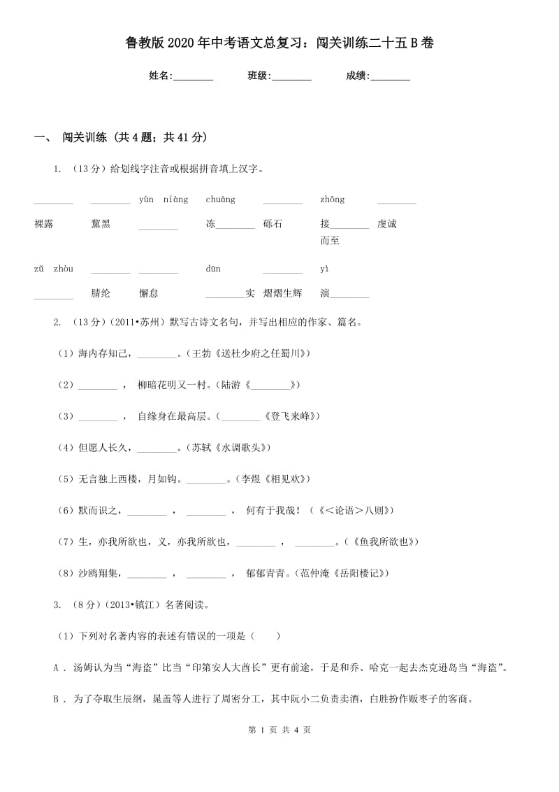 鲁教版2020年中考语文总复习：闯关训练二十五B卷.doc_第1页