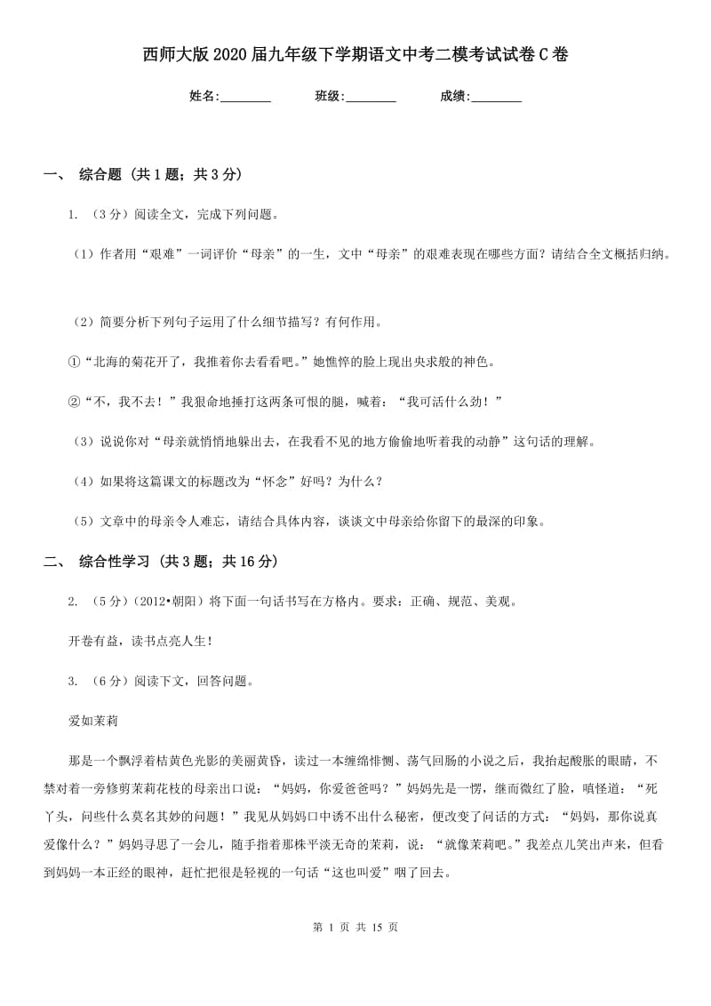 西师大版2020届九年级下学期语文中考二模考试试卷C卷.doc_第1页