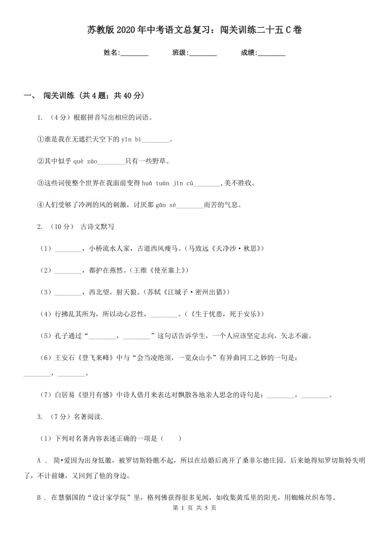 苏教版2020年中考语文总复习：闯关训练二十五C卷.doc_第1页