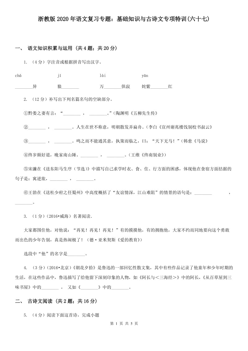 浙教版2020年语文复习专题：基础知识与古诗文专项特训(六十七).doc_第1页