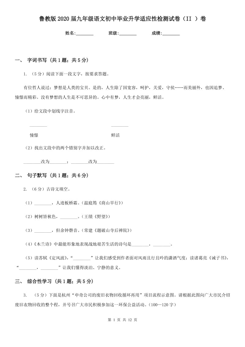 鲁教版2020届九年级语文初中毕业升学适应性检测试卷（II ）卷.doc_第1页