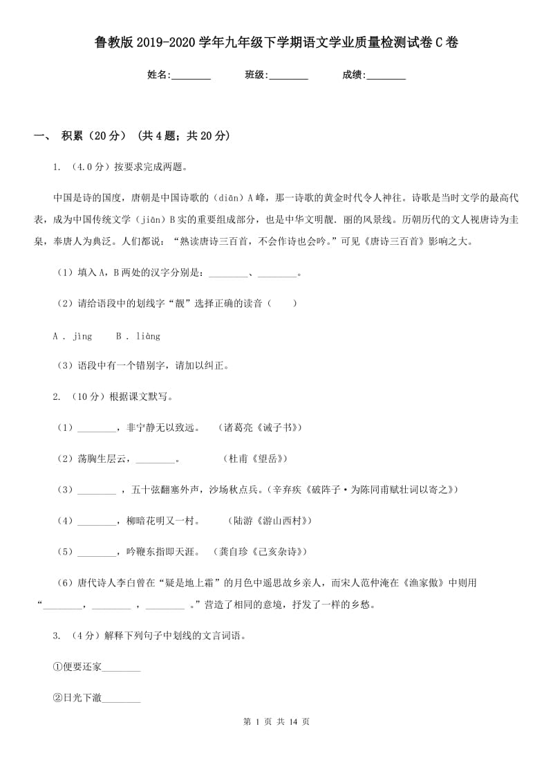 鲁教版2019-2020学年九年级下学期语文学业质量检测试卷C卷.doc_第1页