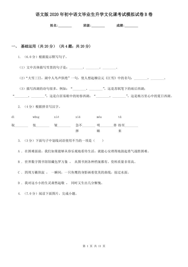 语文版2020年初中语文毕业生升学文化课考试模拟试卷B卷.doc_第1页