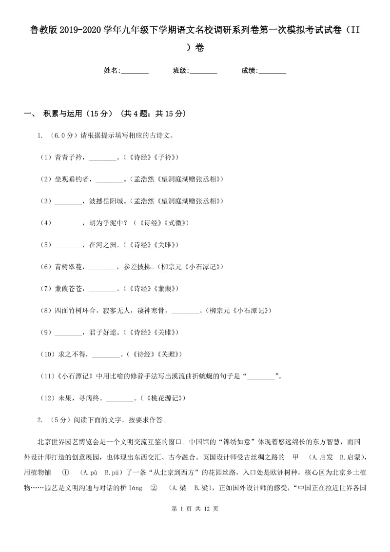 鲁教版2019-2020学年九年级下学期语文名校调研系列卷第一次模拟考试试卷（II ）卷.doc_第1页