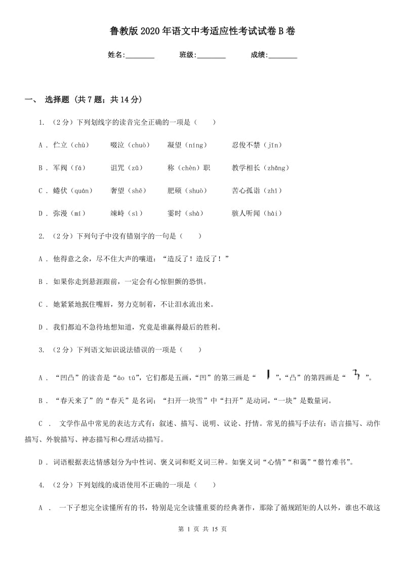 鲁教版2020年语文中考适应性考试试卷B卷.doc_第1页