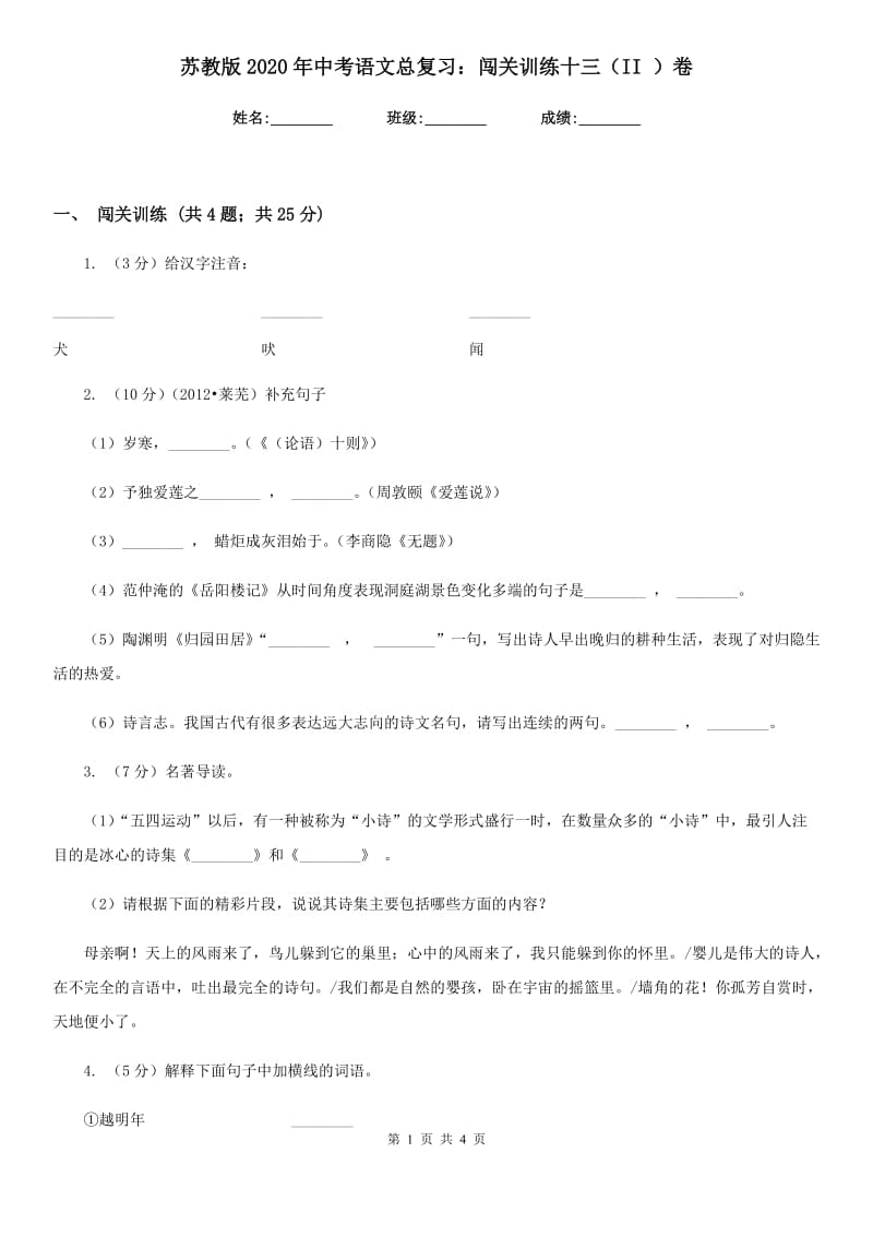 苏教版2020年中考语文总复习：闯关训练十三（II ）卷.doc_第1页