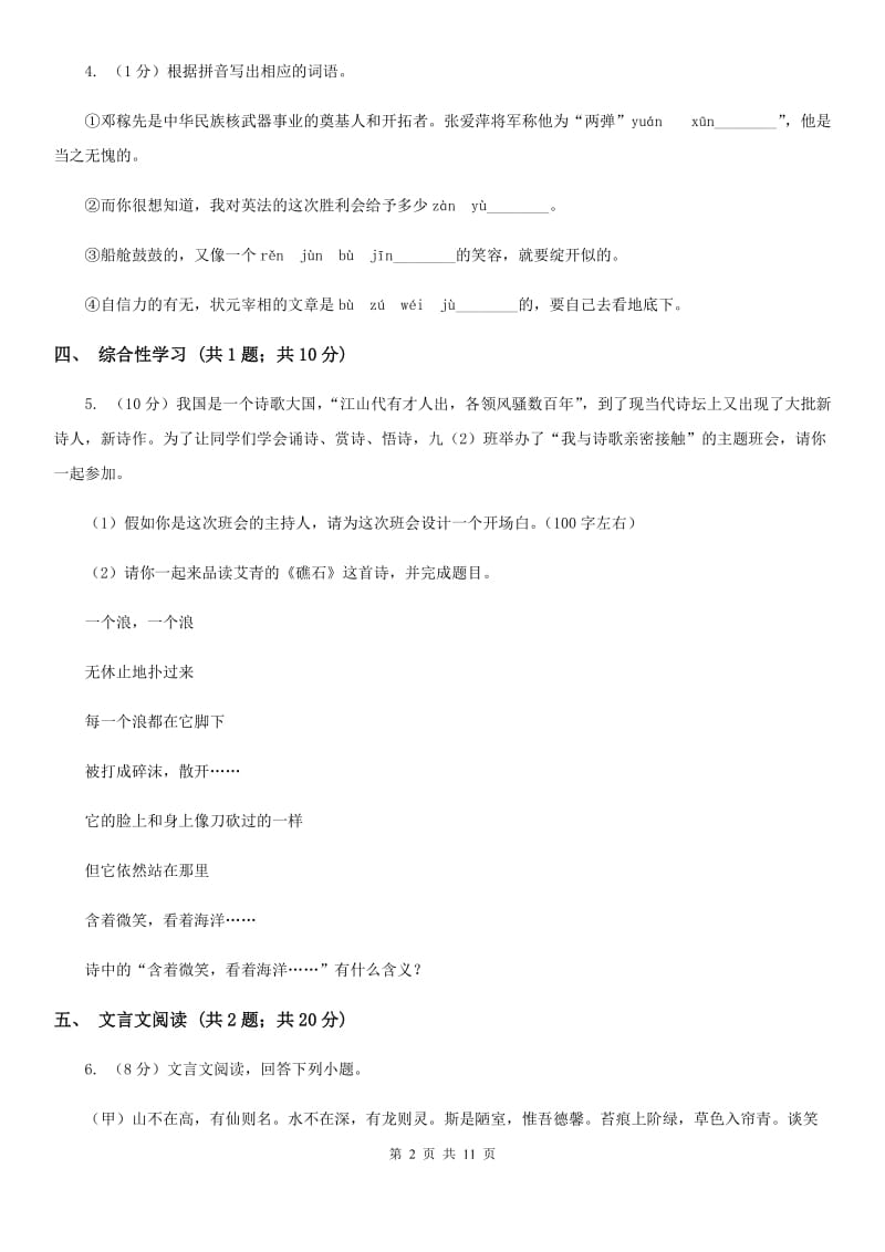 苏教版2020届九年级语文中考科研测试试卷A卷.doc_第2页