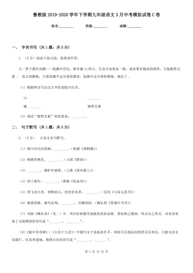 鲁教版2019-2020学年下学期九年级语文3月中考模拟试卷C卷.doc_第1页