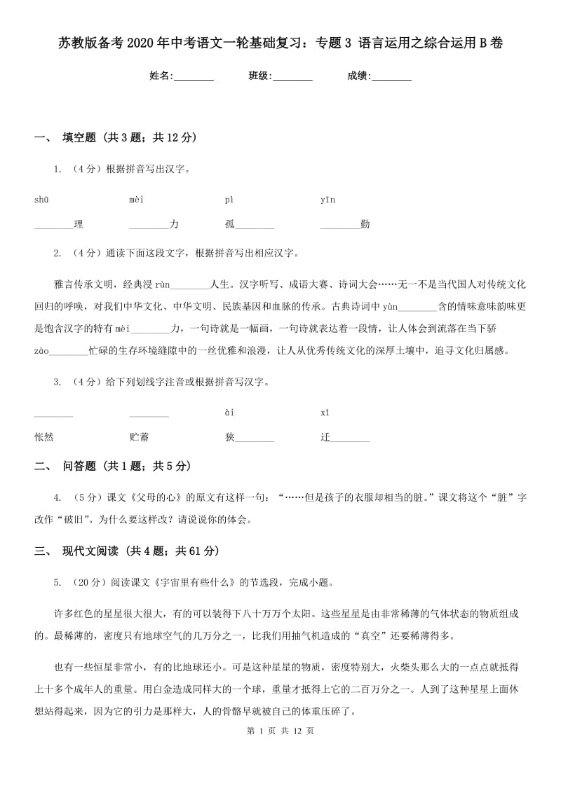 苏教版备考2020年中考语文一轮基础复习：专题3 语言运用之综合运用B卷.doc_第1页