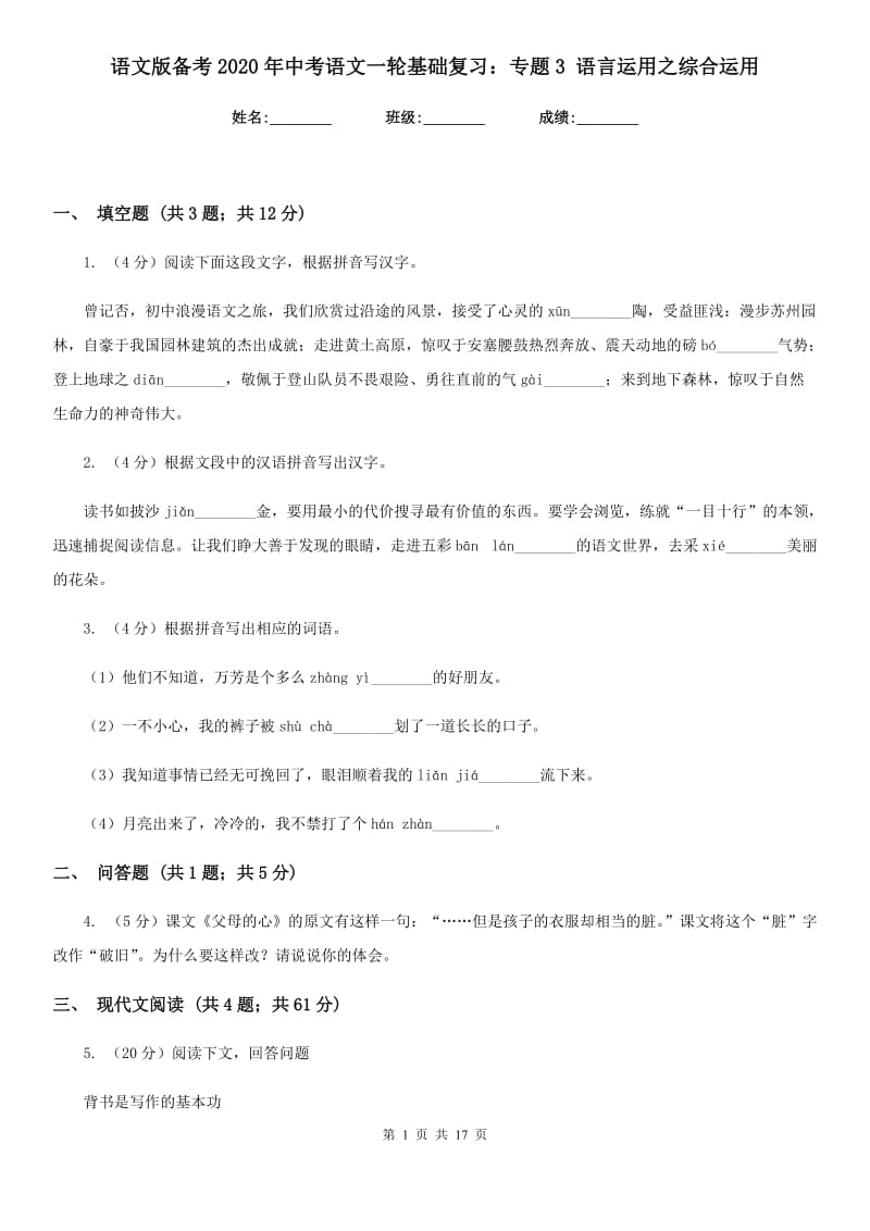 语文版备考2020年中考语文一轮基础复习：专题3 语言运用之综合运用.doc_第1页