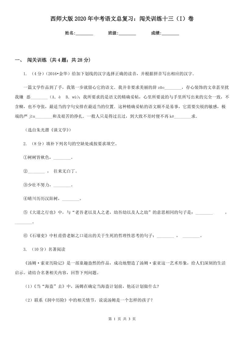 西师大版2020年中考语文总复习：闯关训练十三（I）卷.doc_第1页