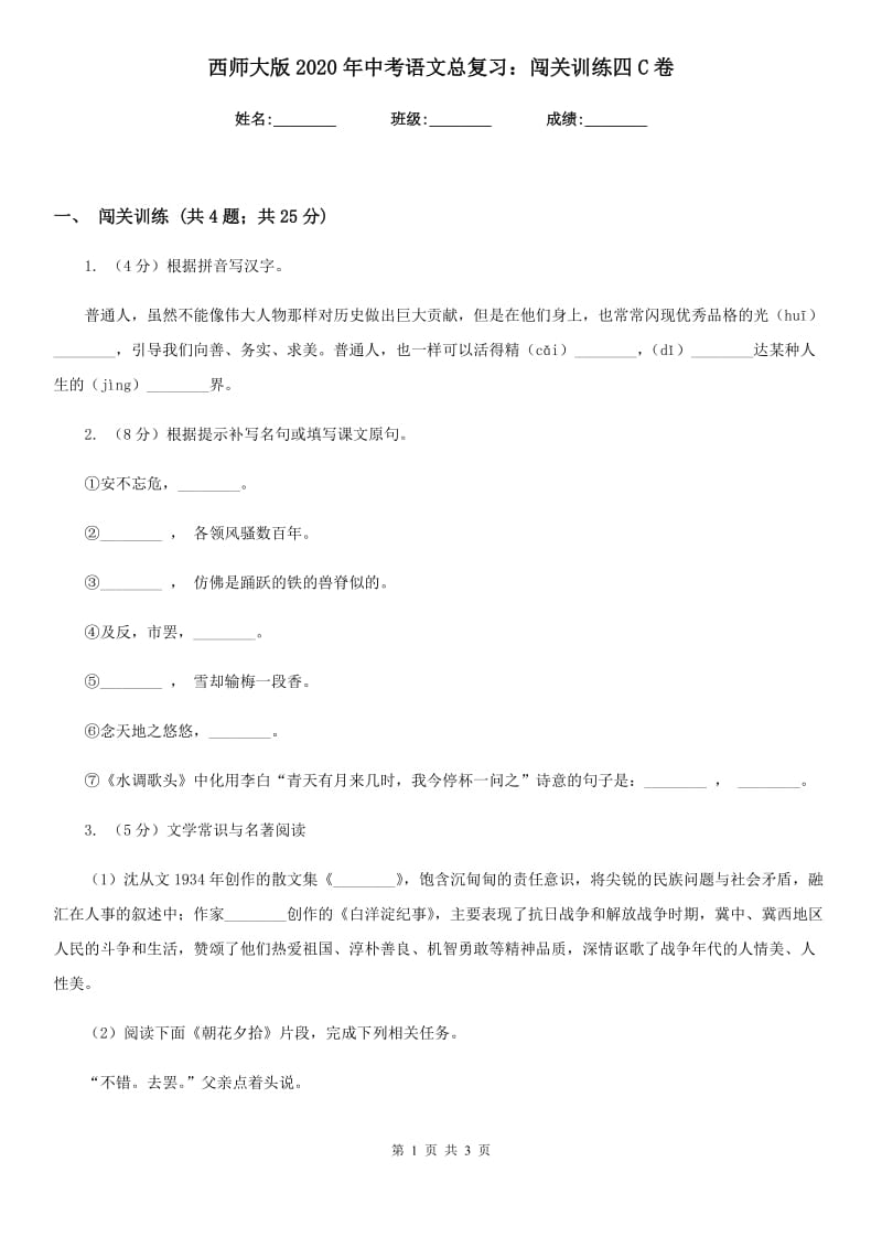 西师大版2020年中考语文总复习：闯关训练四C卷.doc_第1页