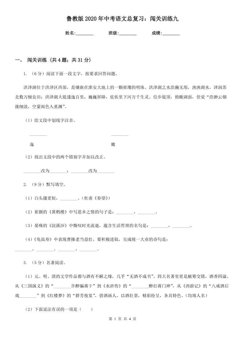 鲁教版2020年中考语文总复习：闯关训练九.doc_第1页