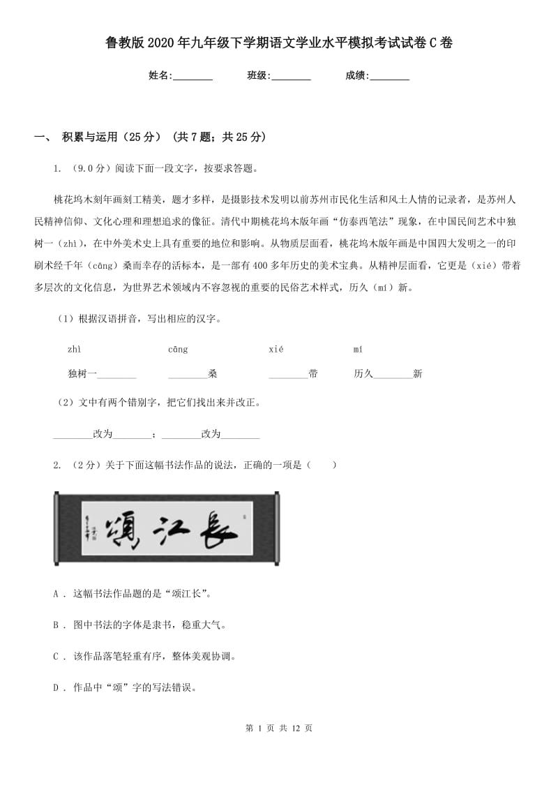 鲁教版2020年九年级下学期语文学业水平模拟考试试卷C卷.doc_第1页