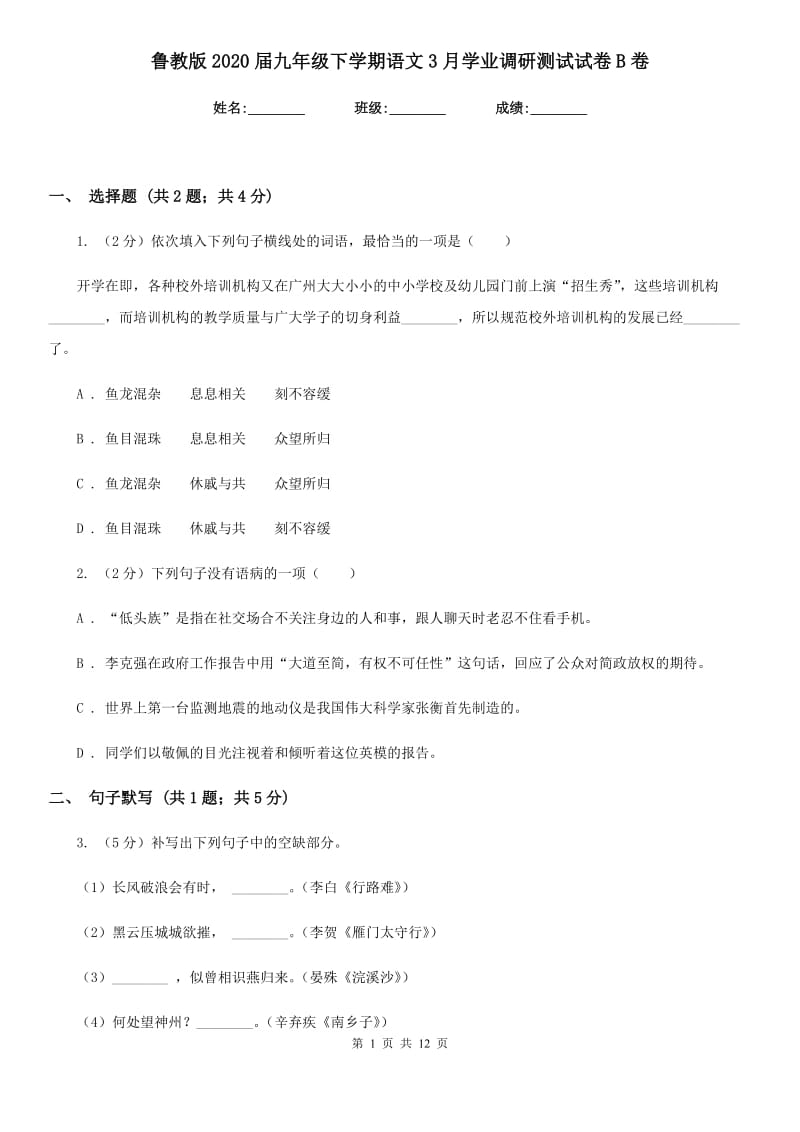 鲁教版2020届九年级下学期语文3月学业调研测试试卷B卷.doc_第1页