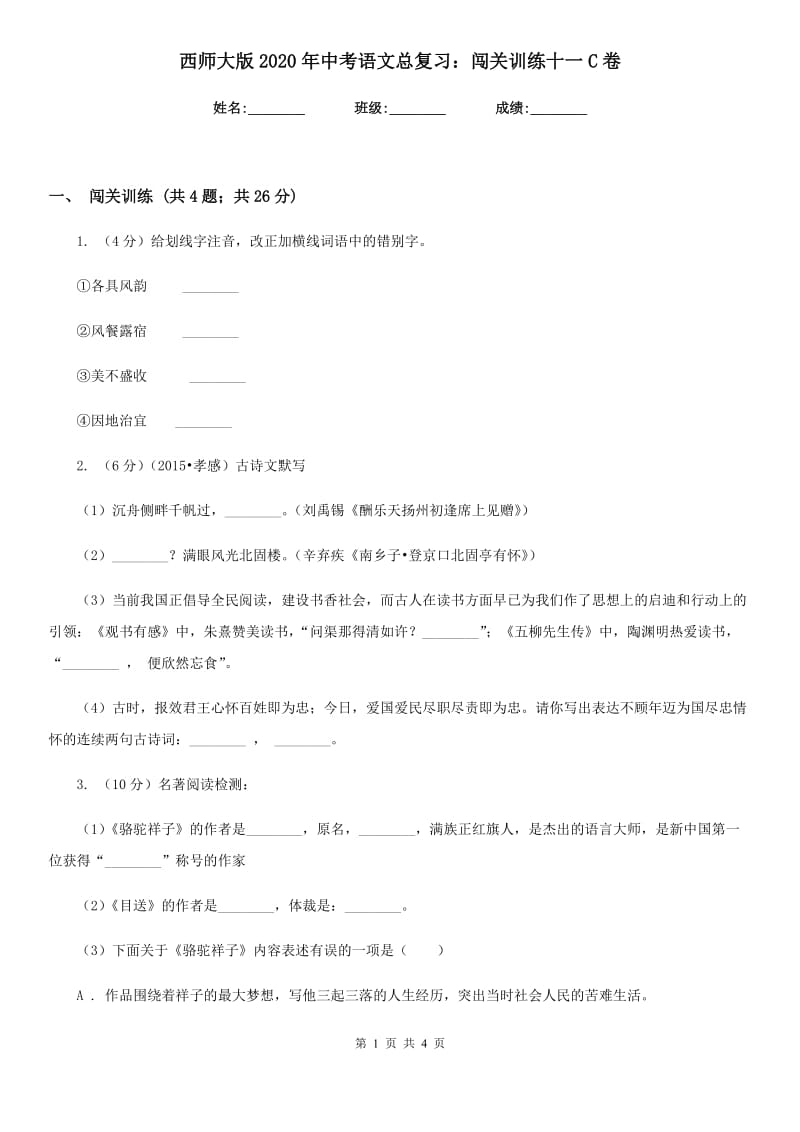 西师大版2020年中考语文总复习：闯关训练十一C卷.doc_第1页