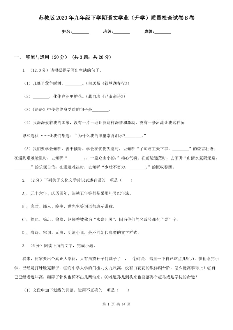 苏教版2020年九年级下学期语文学业（升学）质量检查试卷B卷.doc_第1页