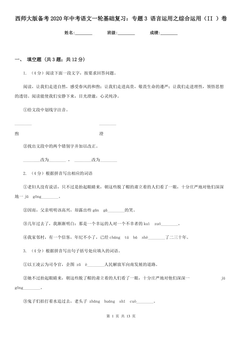 西师大版备考2020年中考语文一轮基础复习：专题3 语言运用之综合运用（II ）卷.doc_第1页